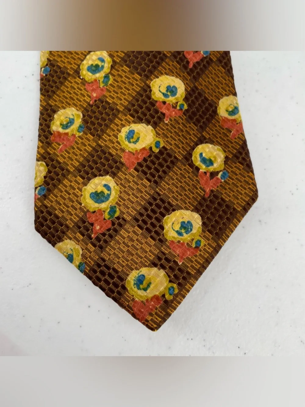 Ermenegildo Zegna Two Tone Brown Background Yellow Blue Orange Floral Silk Tie